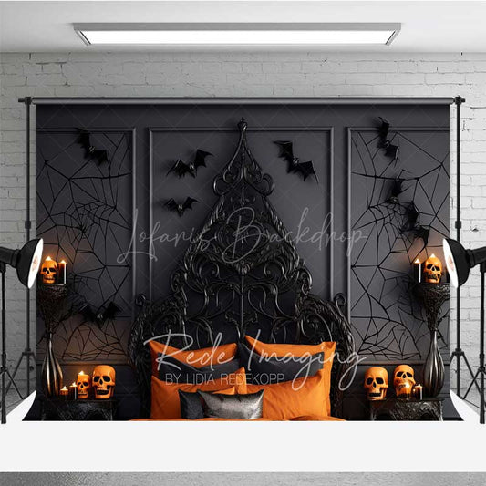 Lofaris Gothic Halloween Bedroom Photography Backdrop Spooky Ornate Bed with Orange Decor Moody Dark Vampire Lair Prop