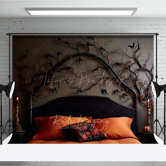 Lofaris Gothic Halloween Headboard Photography Backdrop Spooky Black Birds and Branches Moody Dark Bedroom Photo Prop