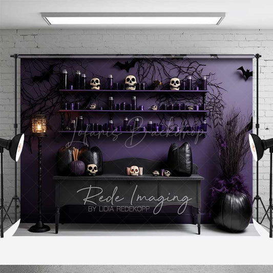 Lofaris Gothic Halloween Photography Backdrop Purple Wall with Skulls and Black Pumpkins Spooky Witch Lair Photo Prop