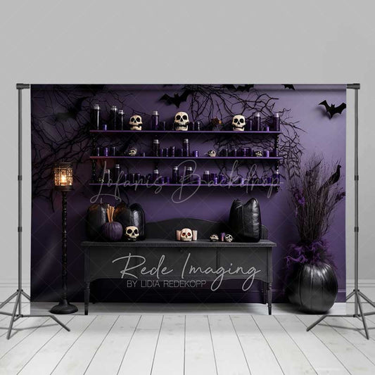 Lofaris Gothic Halloween Photography Backdrop Purple Wall with Skulls and Black Pumpkins Spooky Witch Lair Photo Prop