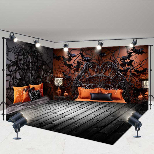 Lofaris Gothic Halloween Room Set Backdrop with Wood Floor Spooky Spiderweb and Bat Bedroom Haunted House Photo Prop