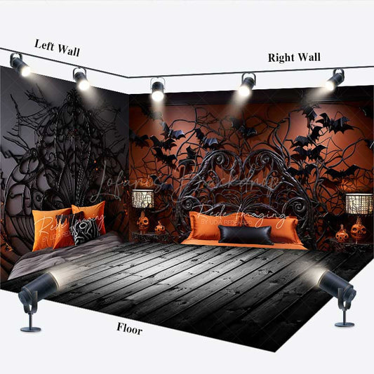 Lofaris Gothic Halloween Room Set Backdrop with Wood Floor Spooky Spiderweb and Bat Bedroom Haunted House Photo Prop