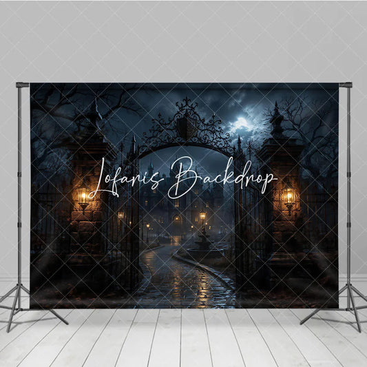 Lofaris Gothic Haunted Mansion and Ornate Iron Gate Holiday Backdrop Spooky Full Moon Night Scene