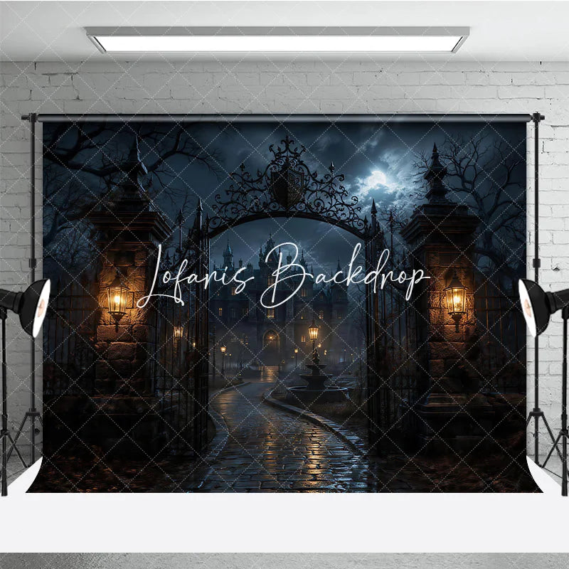 Lofaris Gothic Haunted Mansion and Ornate Iron Gate Holiday Backdrop Spooky Full Moon Night Scene