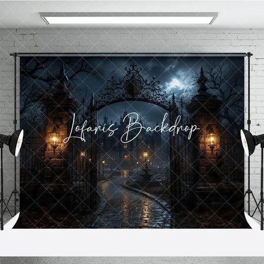 Lofaris Gothic Haunted Mansion and Ornate Iron Gate Holiday Backdrop Spooky Full Moon Night Scene