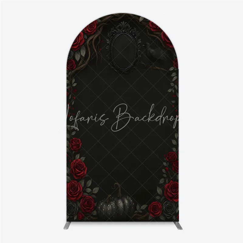 Lofaris Gothic Red Roses and Black Crow Arch Backdrop Dark Floral Halloween Birthday Party Decor Photo Booth