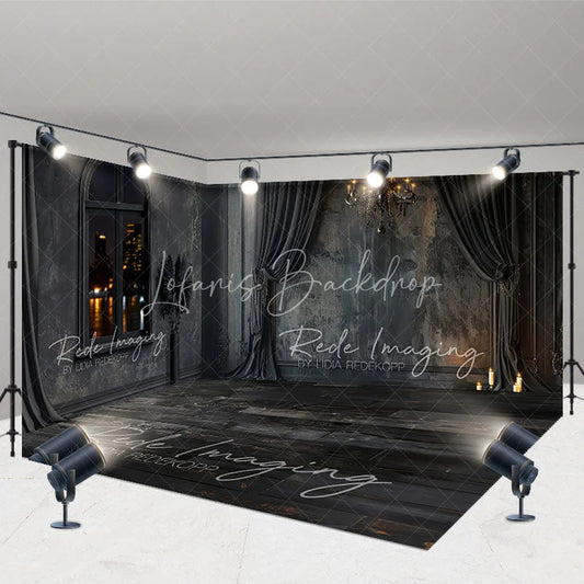 Lofaris Gothic Room Set Backdrop with Black Drapes Luxury Chandelier and City Night View Window Background