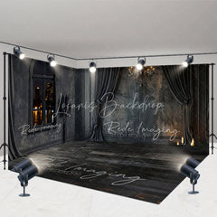 Lofaris Gothic Room Set Backdrop with Black Drapes Luxury Chandelier and City Night View Window Background