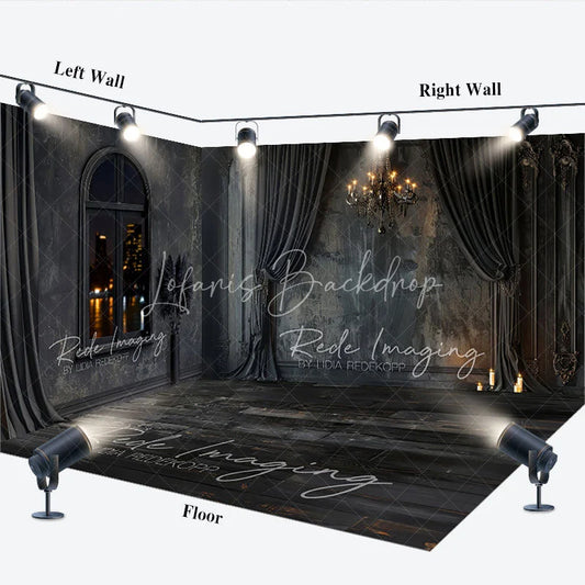 Lofaris Gothic Room Set Backdrop with Black Drapes Luxury Chandelier and City Night View Window Background