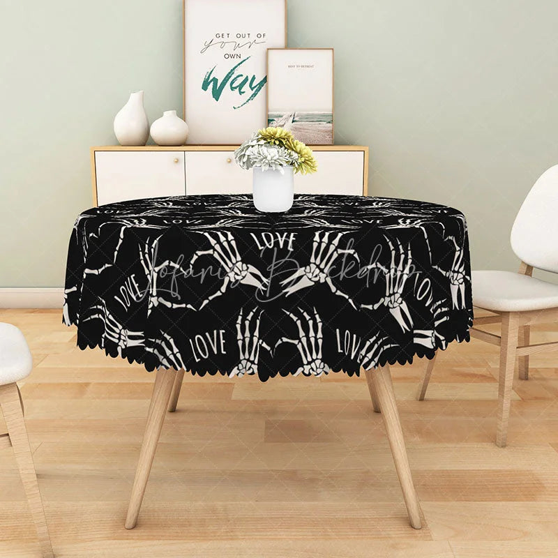 Lofaris Gothic Skeleton Hand Heart ’LOVE’ Round Tablecloth Black and White Spooky Halloween or Valentine’s Decor