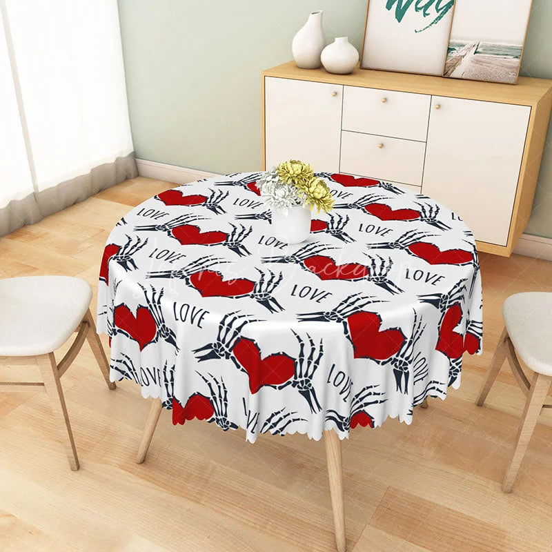 Lofaris Gothic Skeleton Hand Heart ’LOVE’ Round Tablecloth White and Black Spooky Halloween or Valentine’s Decor