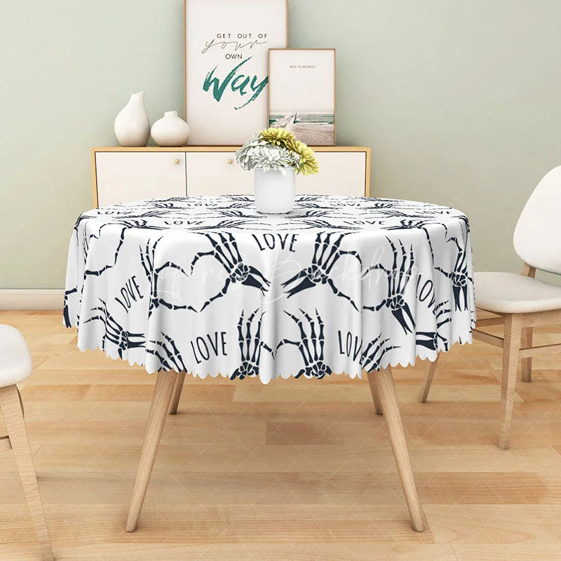 Lofaris Gothic Skeleton Hand Red Heart ’LOVE’ Round Tablecloth White and Black Spooky Halloween or Valentine’s Decor