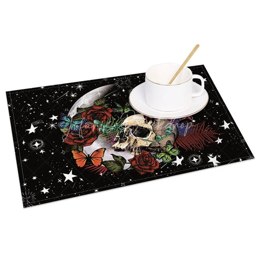 Lofaris Gothic Skull and Flower Set of 4 Placemats with Glitter Effect Stars for Spooky Glam Decor