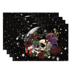 Lofaris Gothic Skull and Flower Set of 4 Placemats with Glitter Effect Stars for Spooky Glam Decor