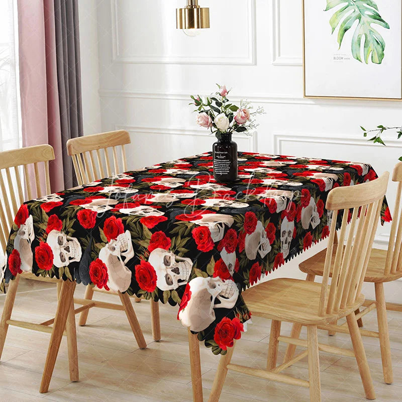 Lofaris Gothic Skull and Raven Rectangle Tablecloth Red Rose Black Bird Pattern Halloween Valentine Dining Decor