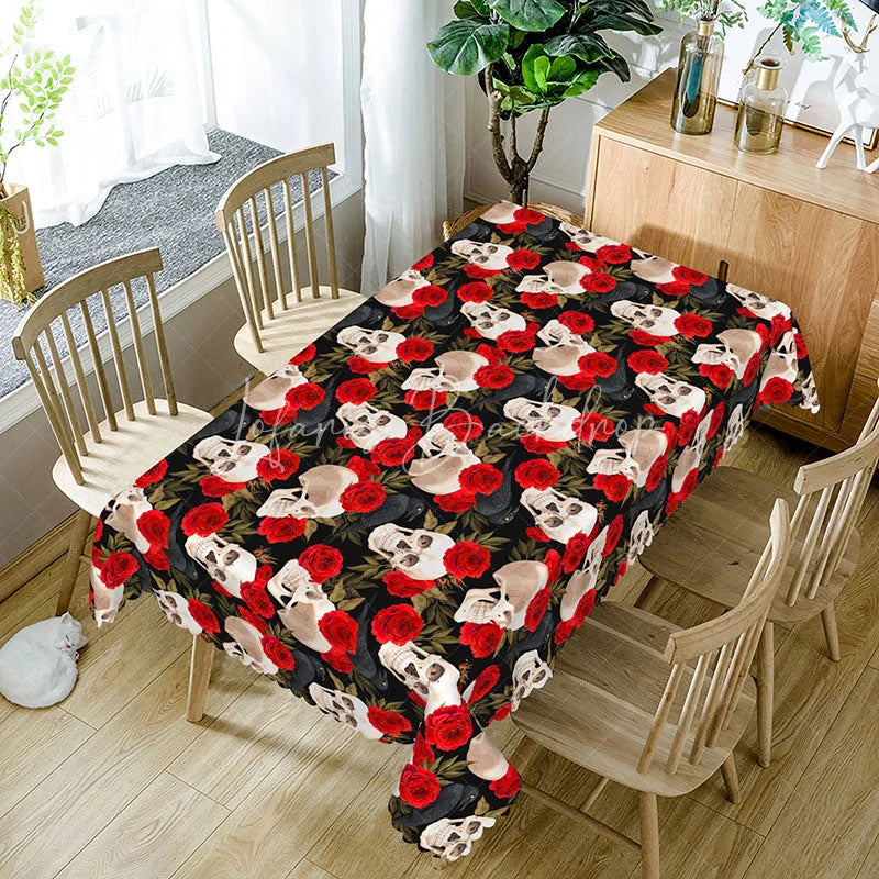 Lofaris Gothic Skull and Raven Rectangle Tablecloth Red Rose Black Bird Pattern Halloween Valentine Dining Decor