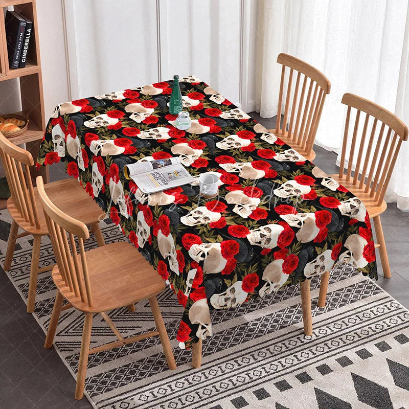 Lofaris Gothic Skull and Raven Rectangle Tablecloth Red Rose Black Bird Pattern Halloween Valentine Dining Decor