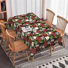 Lofaris Gothic Skull and Red Rose Rectangle Tablecloth Dark Floral Skeleton Pattern Halloween Valentine Decor