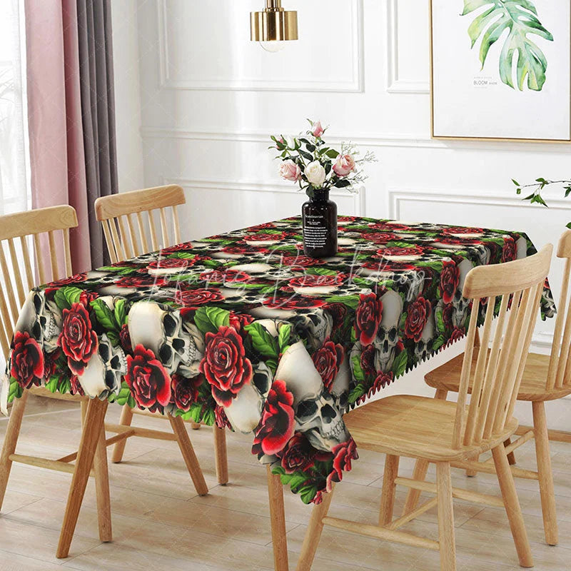 Lofaris Gothic Skull and Red Rose Rectangle Tablecloth Dark Floral Skeleton Pattern Halloween Valentine Decor