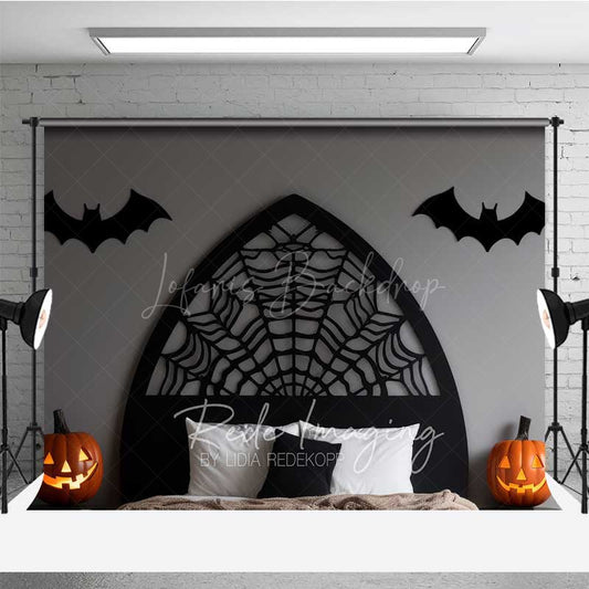 Lofaris Gothic Spiderweb Headboard Photography Backdrop Black Bed with Bats and Jack O’ Lanterns Spooky Halloween Decor