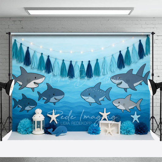 Lofaris Gradient Blue Baby Shark Ocean Cake Smash Backdrop