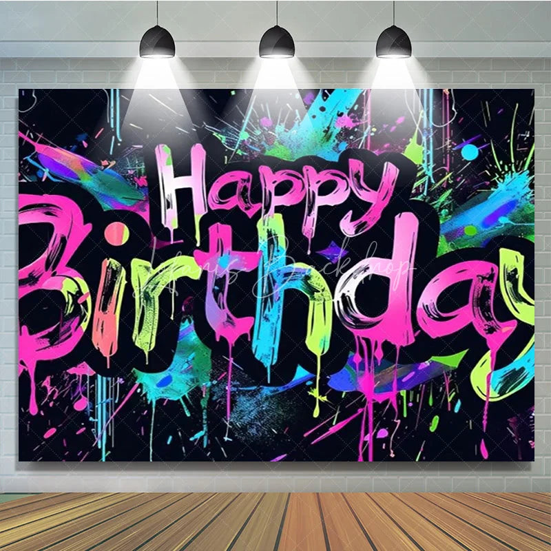 Lofaris Graffiti Happy Birthday Backdrop Neon Paint Splatter Banner 80s 90s Hip Hop Theme Party Decorations for Kids Teens