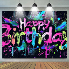 Lofaris Graffiti Happy Birthday Backdrop Neon Paint Splatter Banner 80s 90s Hip Hop Theme Party Decorations for Kids Teens