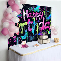 Lofaris Graffiti Happy Birthday Backdrop Neon Paint Splatter Banner 80s 90s Hip Hop Theme Party Decorations for Kids Teens