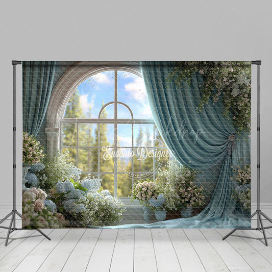 Lofaris Grand Ballroom Window Photography Backdrop with Blue Drapes Elegant Floral Wedding Ceremony Background