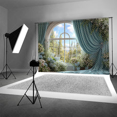 Lofaris Grand Ballroom Window Photography Backdrop with Blue Drapes Elegant Floral Wedding Ceremony Background
