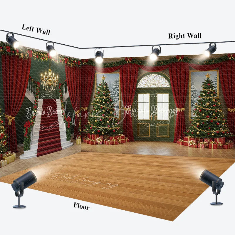 Lofaris Grand Christmas Ballroom Room Set Backdrop Red Carpet Staircase with Green Walls Elegant Holiday Photo Studio