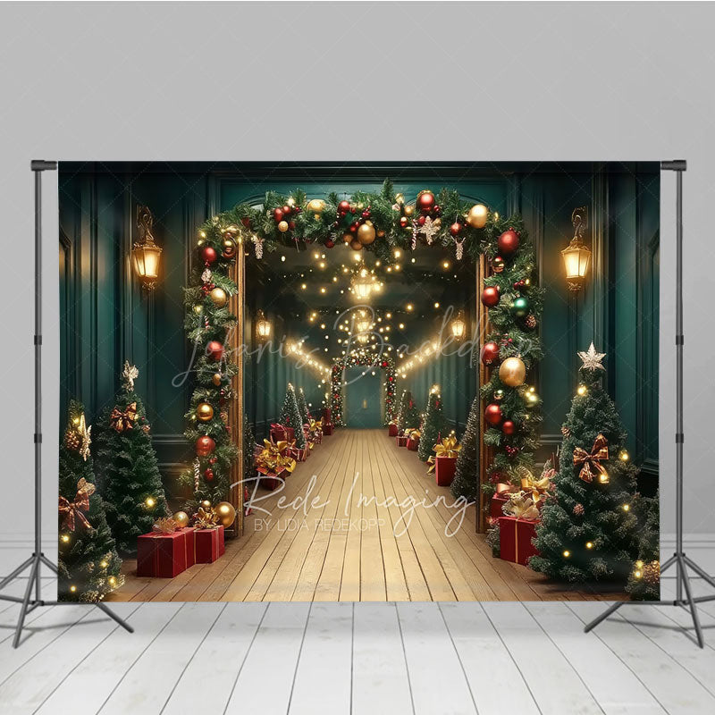 Lofaris Grand Christmas Hallway Photography Backdrop Elegant Garland and String Lights Holiday Party Photo Background