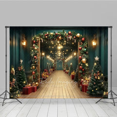 Lofaris Grand Christmas Hallway Photography Backdrop Elegant Garland and String Lights Holiday Party Photo Background