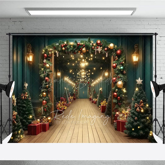 Lofaris Grand Christmas Hallway Photography Backdrop Elegant Garland and String Lights Holiday Party Photo Background