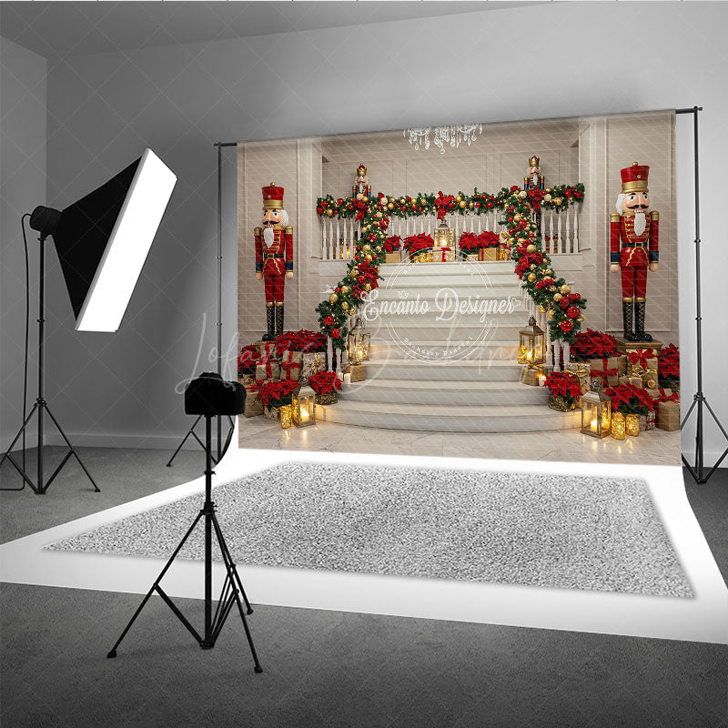 Lofaris Grand Christmas Staircase Photography Backdrop Nutcrackers and Poinsettia Decor Elegant Holiday Background