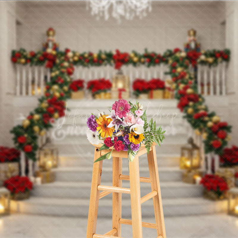 Lofaris Grand Christmas Staircase Photography Backdrop Nutcrackers and Poinsettia Decor Elegant Holiday Background