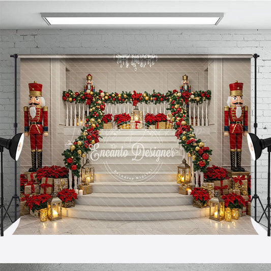 Lofaris Grand Christmas Staircase Photography Backdrop Nutcrackers and Poinsettia Decor Elegant Holiday Background
