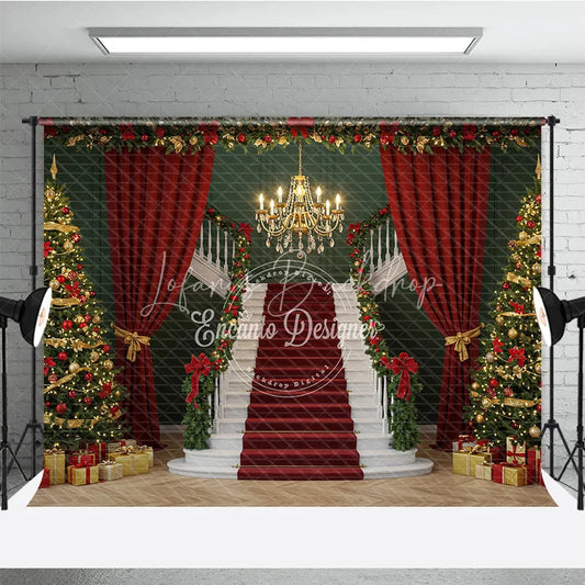Lofaris Grand Christmas Staircase Photography Backdrop Red Carpet with Green Walls Elegant Holiday Photo Background