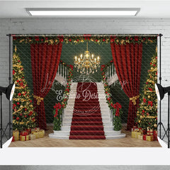 Lofaris Grand Christmas Staircase Photography Backdrop Red Carpet with Green Walls Elegant Holiday Photo Background