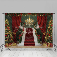 Lofaris Grand Christmas Staircase Photography Backdrop Red Carpet with Green Walls Elegant Holiday Photo Background