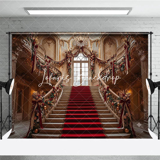 Lofaris Grand Christmas Staircase Photography Backdrop with Red Carpet and Gold Ornaments Elegant Holiday Party Decor