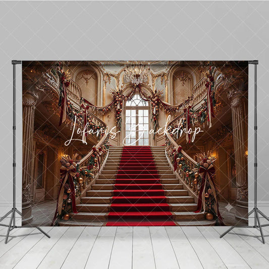 Lofaris Grand Christmas Staircase Photography Backdrop with Red Carpet and Gold Ornaments Elegant Holiday Party Decor