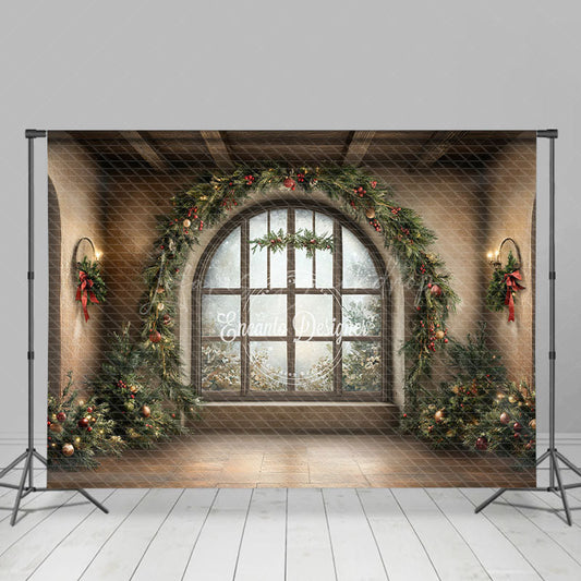 Lofaris Grand Christmas Window Combo Set Backdrop Rustic Room with Holiday Garland Festive Braided Rug Photo Floor