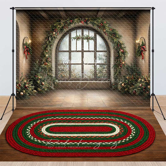 Lofaris Grand Christmas Window Combo Set Backdrop Rustic Room with Holiday Garland Festive Braided Rug Photo Floor
