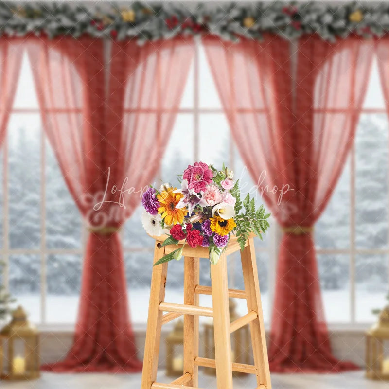 Lofaris Grand Christmas Window Photography Backdrop Red Curtains with Snowy View Elegant Holiday Mini Session Background