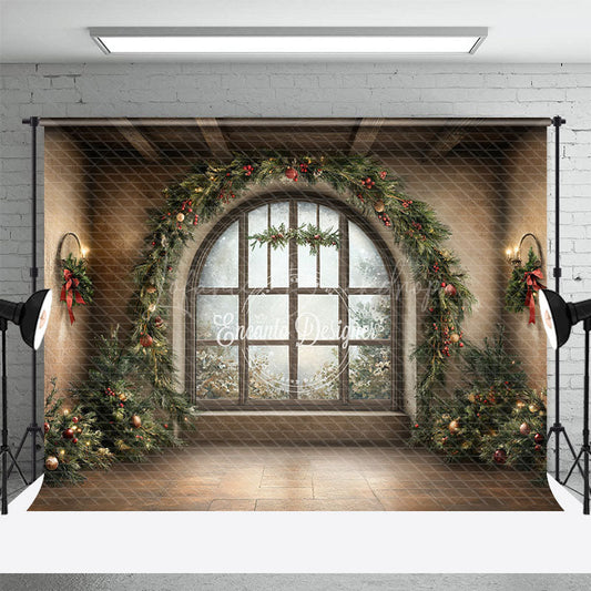 Lofaris Grand Christmas Window Photography Backdrop with Garland and Trees Elegant Holiday Mini Session Background