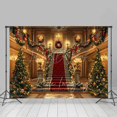 Lofaris Grand Palace Christmas Backdrop Red Carpet Staircase Gold Mansion Interior Photo Background