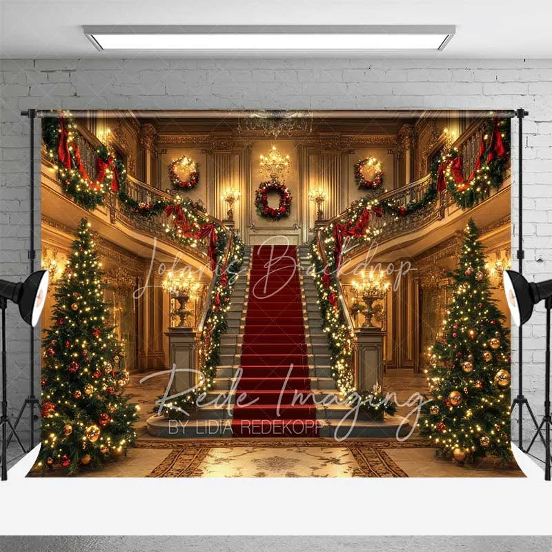 Lofaris Grand Palace Christmas Backdrop Red Carpet Staircase Gold Mansion Interior Photo Background