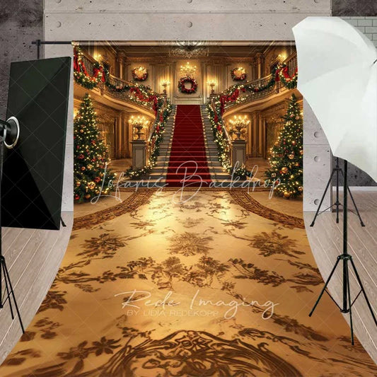 Lofaris Grand Palace Christmas Sweep Backdrop Red Carpet Staircase Gold Mansion Floor Photo Background