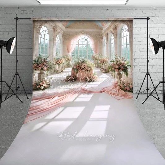 Lofaris Grand Palace Rose Hall Backdrop Elegant Pink Draping and Flower Vase Scene Royal Wedding Photography